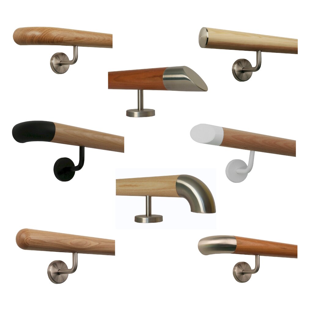 TIBU Holz Handläufe mit unterschiedlichen Haltern und Endstücken