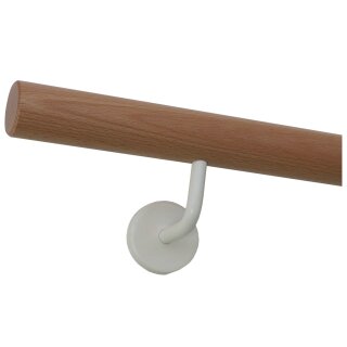 Buche Holz Handlauf Ø 42 mm weiße gewinkelte Edelstahlhalter und Enden; Länge 120 cm mit 2 Halter und gefast