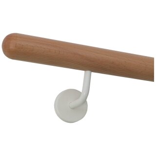 Buche Holz Handlauf Ø 42 mm weiße gewinkelte Edelstahlhalter und Enden; Länge 200 cm mit 3 Halter und Halbkugeln gefräst