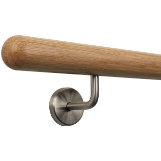 Eiche Holz Handlauf lackiert Ø 42 mm gewinkelte Edelstahlhalter und Enden, Länge 260 cm mit 4 Halter und Halbkugel gefräst