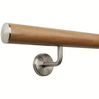 Eiche Holz Handlauf lackiert Ø 42 mm gewinkelte Edelstahlhalter und Enden, Länge 290 cm mit 4 Halter und leicht gewölbte Edelstahlkappe