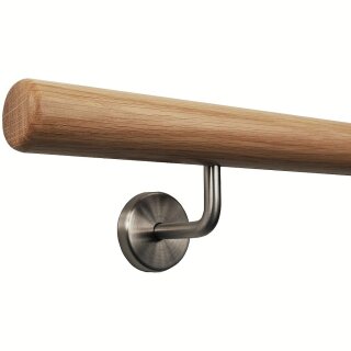 Eiche Holz Handlauf lackiert Ø 42 mm gewinkelte Edelstahlhalter und Enden, Länge 500 cm mit 6 Halter und Radius gefräst