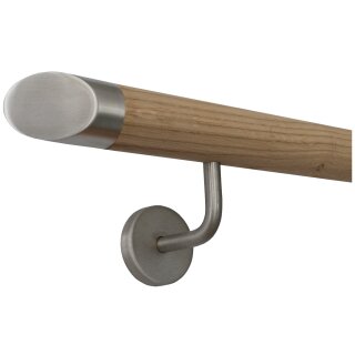 Eiche Holz Handlauf unbehandelt Ø 42 mm gewinkelte Edelstahlhalter und Enden, Länge 90 cm mit 2 Halter und schräges Edelstahlendstück
