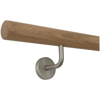 Eiche Holz Handlauf unbehandelt Ø 42 mm gewinkelte Edelstahlhalter und Enden, Länge 350 cm mit 5 Halter und gefast