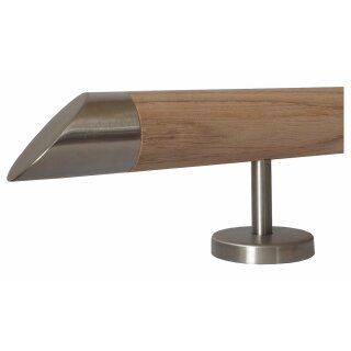Eiche Holz Handlauf unbehandelt Ø 42 mm gerade Edelstahlhalter und Enden, Länge 100 cm mit 2 Halter und schräges Edelstahlendstück