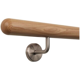 Esche Holz Handlauf Ø 42 mm gewinkelte Edelstahlhalter und Enden, Länge 370 cm mit 5 Halter und Halbkugel gefräst
