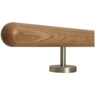 Esche Holz Handlauf Ø 42 mm gerade Edelstahlhalter und Enden, Länge 90 cm mit 2 Halter und Halbkugel gefräst