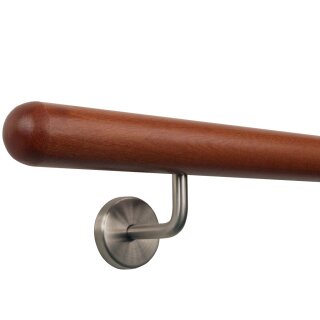 Mahagoni Sipo Handlauf Ø 42 mm gewinkelte Edelstahlhalter und Enden, Länge 300 cm mit 4 Halter und Halbkugel gefräst