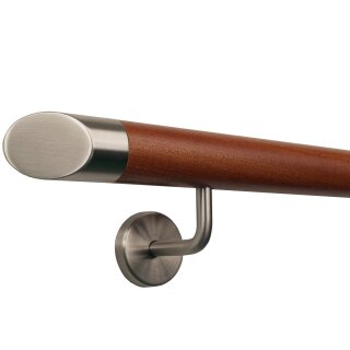 Mahagoni Sipo Handlauf Ø 42 mm gewinkelte Edelstahlhalter und Enden, Länge 380 cm mit 5 Halter und schräges Edelstahlendstück