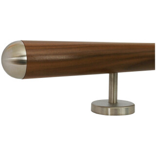 Ami Nussbaum Holz Handlauf Ø 42 mm gerade Edelstahlhalter und Enden, Länge 70 cm mit 2 Halter und  Halbrunde Edelstahlkappe