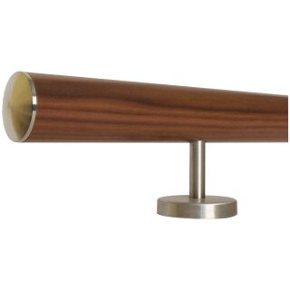 Ami Nussbaum Holz Handlauf Ø 42 mm gerade Edelstahlhalter und Enden, Länge 160 cm mit 3 Halter und leicht gewölbte Edelstahlkappe