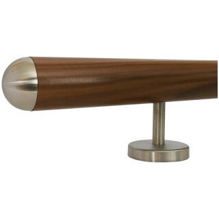 Ami Nussbaum Holz Handlauf Ø 42 mm gerade Edelstahlhalter und Enden, Länge 400 cm mit 5 Halter und Halbrunde Edelstahlkappe