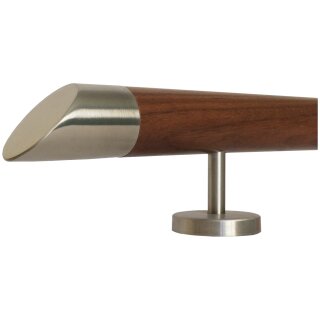 Ami Nussbaum Holz Handlauf Ø 42 mm gerade Edelstahlhalter und Enden, Länge 400 cm mit 5 Halter und schräges Edelstahlendstück