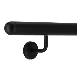 Aluminium Handlauf Schwarz mit gewinkelten Edelstahlhaltern, Länge 120 cm mit 2 Halter und halbrunde Kappe