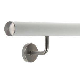 Aluminium Handlauf Weiß mit gewinkelten Edelstahl Haltern und Enden, Länge 160 cm mit 2 Halter und leicht gewölbte Kappe