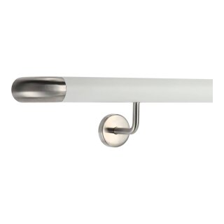 Aluminium Handlauf Weiß mit gewinkelten Edelstahl Haltern und Enden, Länge 220 cm mit 3 Halter und Bogen zur Wand
