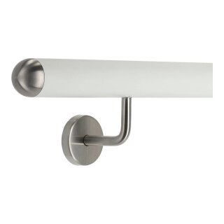 Aluminium Handlauf Weiß mit gewinkelten Edelstahl Haltern und Enden, Länge 440 cm mit 5 Halter und halbrunde Kappe