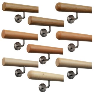 TIBU Buche Holz Handlauf Geländer 30-500cm im Set schwarze Halter Wandhandlauf Wand Treppe, Länge 30 cm mit 2 Halter Enden gefast