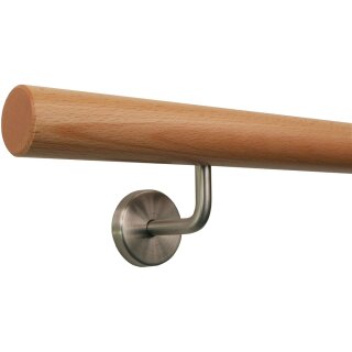 Buche Holz Handlauf Ø 42 mm gewinkelte Edelstahlhalter, Länge: 190 cm mit 3 Halter und Endstück gefast
