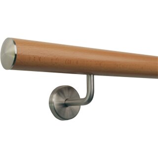 Buche Holz Handlauf Ø 42 mm gewinkelte Edelstahlhalter und Enden, Länge: 290 cm mit 4 Halter und leicht gewölbte Kappe