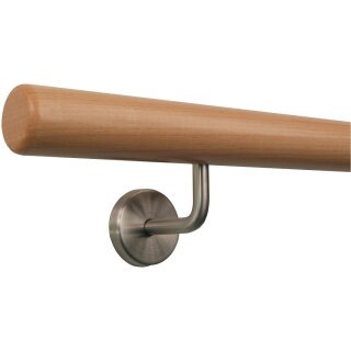Buche Holz Handlauf Ø 42 mm gewinkelte Edelstahlhalter und Enden, Länge: 330 cm mit 4 Halter und Radius gefräst