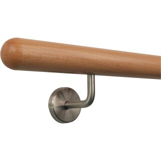 Buche Holz Handlauf Ø 42 mm gewinkelte Edelstahlhalter und Enden, Länge: 360 cm mit 5 Halter und Halbkugel gefräst