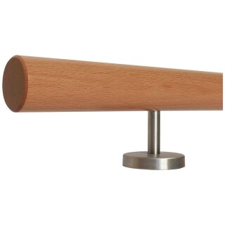 Buche Holz Handlauf Ø 42 mm gerade Edelstahlhalter und Enden, Länge: 210 cm mit 3 Halter und gefast