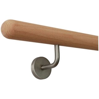Buche Holz Handlauf unbehandelt Ø 42 mm gewinkelte Edelstahlhalter und Enden, Länge 200 cm mit 3 Halter und Halbkugel gefräst